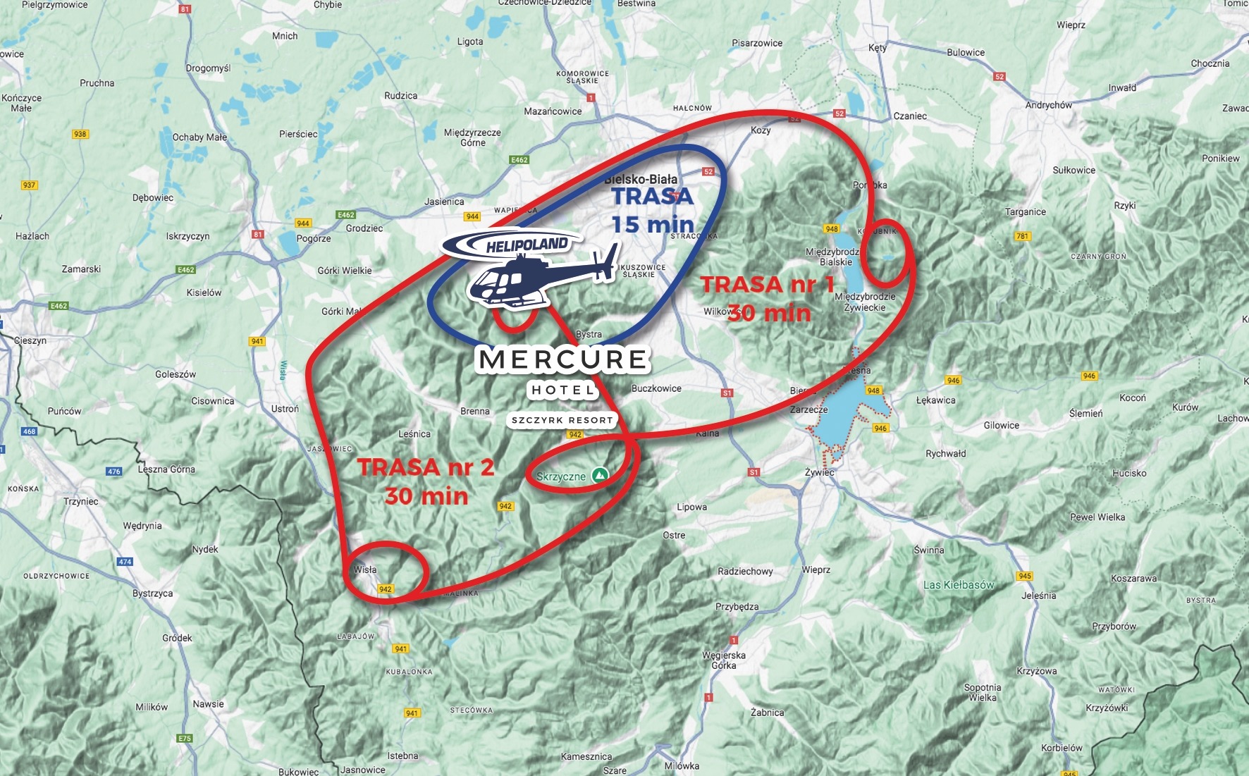 Loty Widokowe Beskidy - Szczyrk, Wisła, Bielsko-Biała trasy AS 350 Mercure