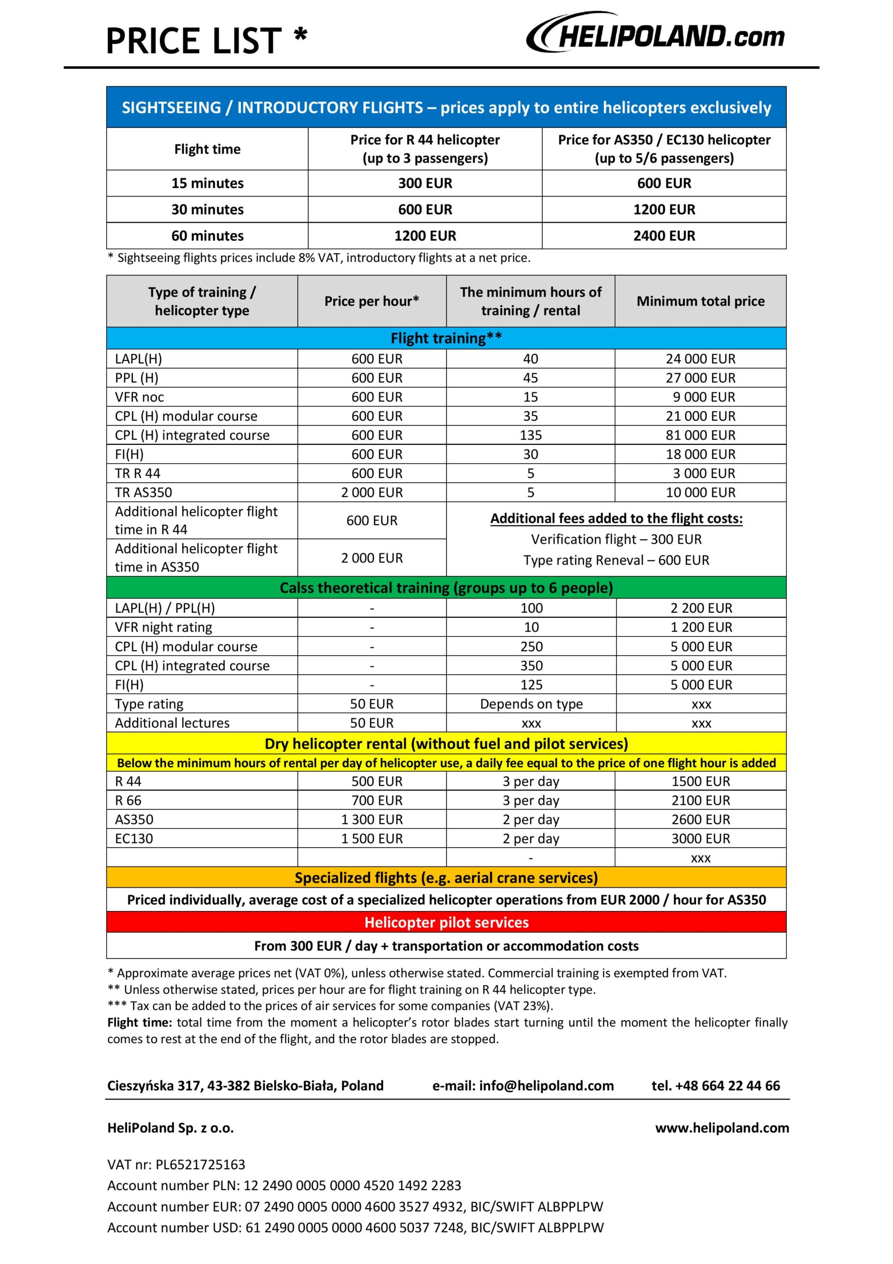 Helipoland helicopter flights price list